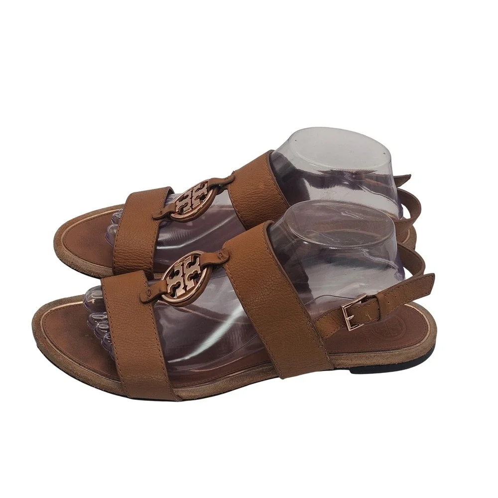 Tory Burch Metal Miller Two Band Calf Leather Sandal 11M Tan Rose Gold Designer